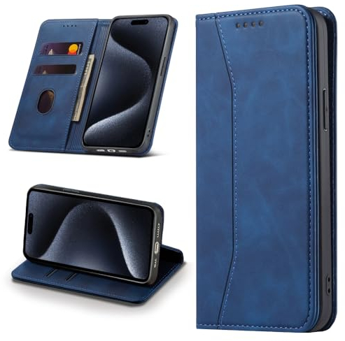 Leaisan Handyhülle für iPhone 15 Pro Hülle Premium Leder Flip Klappbare Stoßfeste Magnetische [Standfunktion] [Kartenfächern] Schutzhülle für iPhone 15 Pro 5G (6,1 Zoll) Tasche - Blau