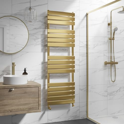 DuraTherm® 1600 x 500mm Flat Panel Heated Towel Rail Radiator Modern Central Heating Bathroom Warmer Wall Mounted Ladder Rad, Brushed Brass