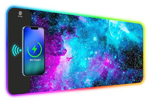 ToLuLu RGB Gaming Mouse Pad, 5/7.5/10/15W Wireless Charging Mouse Pad, 10 Light Modes LED Mouse Pad Computer Keyboard Mat Mousepad, 800x300x4MM Large Desk Mat for Gaming, MacBook PC, Galaxy Nebula