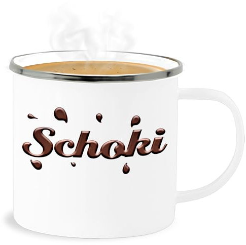 Emaille Becher Blechbecher - & Tassen - Schoki Partner Kostüm - Milky und Schoki Fasching Verledigung Karneval Schokoriegel Schokoladen Outfit Schokolade und Milch - 300 ml - Weiß Silber