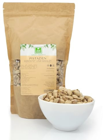 Pistazien 500g geröstet salzig mit Schale Pistazienkerne von Green Essence | Pistazien Kerne gesalzen, knusprig Snack, aromatische Nüsse zum Backen Kochen, Premium Qualität Pistachio mit Schalen, 500 g