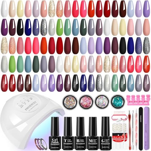 Phoenixy 36 Pcs Gel Nail Kit, Gel Nail Polish Set with Lamp Starter Kit, 32 Colours Gel Nail Polish with Top Base Matte Glitter Coat All Seasons Gel Nail Set Gift for Women