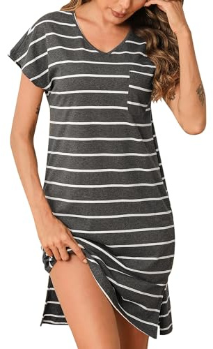 Jahetuul Cotton Nightdresses for Women Nighties Short Sleeve V Neck Nightwear Loose Fit Striped Ladies Nightshirts Casual Loungewear S-XXL Dark Grey