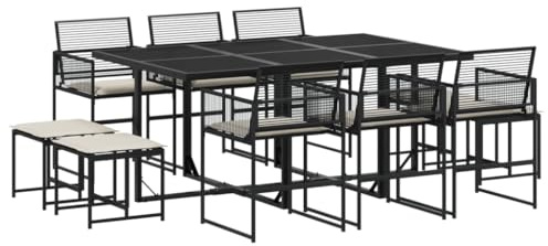 vidaXL Garten Essgruppe 11-TLG., Gartenmöbel Set mit Kissen, Gartengarnitur Tisch 6 Stühle 4 Hocker, Sitzgruppe Sitzgarnitur, Schwarz Poly Rattan