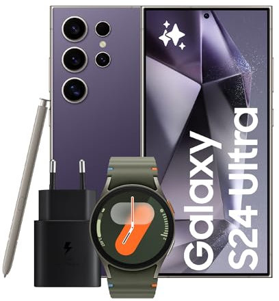 Samsung Galaxy S24 Ultra Smartphone AI, Caricatore incluso, Display 6.8'' QHD+, Fotocamera 200MP, RAM 12GB, 256GB, Titanium Violet + Galaxy Watch7 40mm BT Smartwatch Fitness Tracker, Green 2024