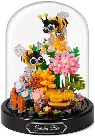 Mini Animals Flower Building Set - 588 Pcs Butterflies Bees Flowers Animals Building Blocks with Transparent Cover, Garden Den Block Kit for Adults Kids Christmas Home Decoration Gifts,Bees
