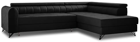 Sofnet Ecksofa Alice mit Schlaffunktion und Bettkasten, Wohnlandschaft mit einstellbare Kopfstützen, Couch, Sofa, Bettsofa, Schlafsofa (Schwarz (Kronos 07), Ecksofa Rechts)