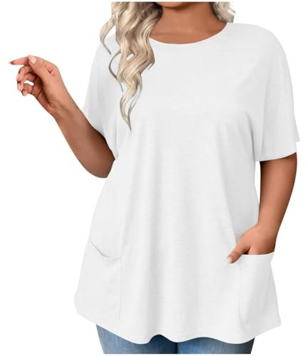 Tee Shirt Femme Couleur Unie Manches Courtes Longue Tshirt D'été Oversize Col Rond T-Shirts avec Poches Grande Taille Décontracté Été T Shirt
