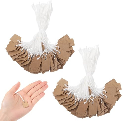 MBAIYO 200Stück Kleine Anhänger Etiketten, Preisschilder Anhänger 2,5 x 1,5cm Kraftpapier Preis Anhänger Geschenkanhänger mit Faden Braun und Weiß Handmade Hängeetiketten für Kleidung Schmuck Display