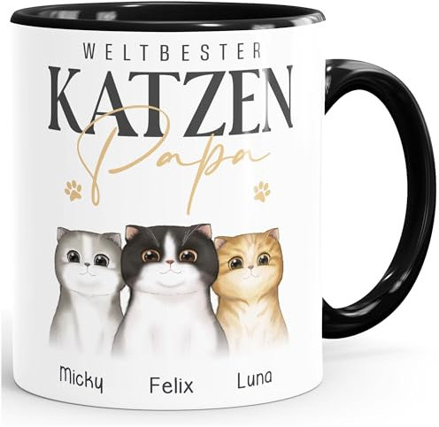 SpecialMe® Tasse Katzen-Papa personalisiert mit bis zu 3 Katzenfiguren und Wunschnamen Geschenke zum Vatertag Weiss-innen-schwarz standard