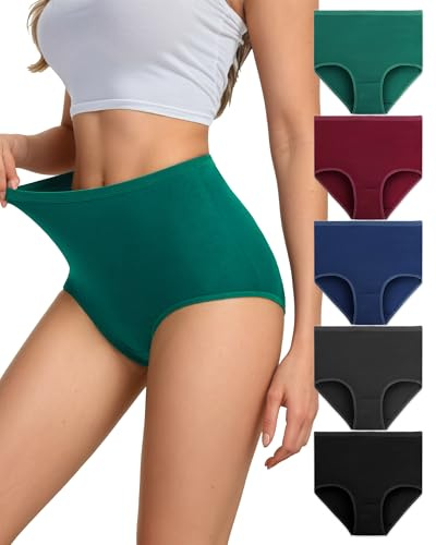 Dtuomo Underwear Women – High Waisted Knickers Soft Combed Long-Staple Cotton Full Coverage Briefs Slight Tummy Control Breathable Ladies Panties 5 Pack