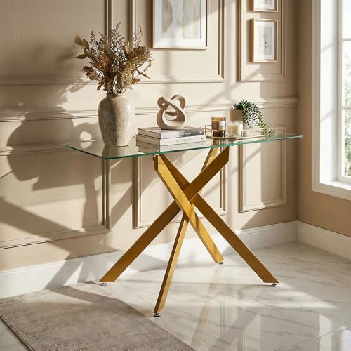 SOARS Table Console en Verre Trempé, Table d’Entrée Transparent, Pieds Tubulaires en Métal Chromé Réglables, Design Moderne, pour Salon, Couloir 115 x 45 x 78 cm (Doré)