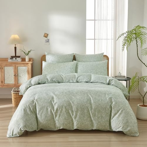 Boqingzhu Blumen Bettwäsche 135x200 cm Baumwolle Salbeigrün Grün Weiß Blümchen Floral Bettbezug mit 1 Kissenbezug 80x80 cm, Aesthetic Bettwäsche mit Zartem Pflanzenmotiv