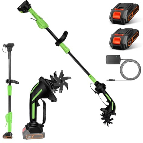 Motobineuse sans Fil,21V Motobineuse Electrique,Largeur/Profondeur De Travail 10/10 Cm, Manche de 1,3m, Portable Motoculteur avec Batterie, pour Jardin,Champ LéGumes,Serre,Verger (2 Batterie)
