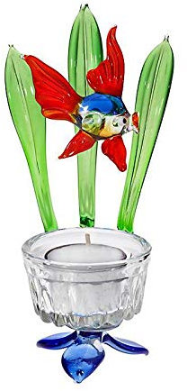 CRISTALICA Teelichthalter mit Fisch Blumen 7,5cm Glas Kerzenhalter Dekoration Geschenk