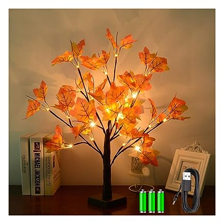 Herbstdeko LED Ahornblatt Baum Licht USB & Akku, 50cm 24 LEDs Schreibtisch Ahorn-Blätter Baumlicht Warmweiß, Herbst Dekoration Blätter Lichterketten für Erntedankfest, Halloween Weihnachten, Tischdeko