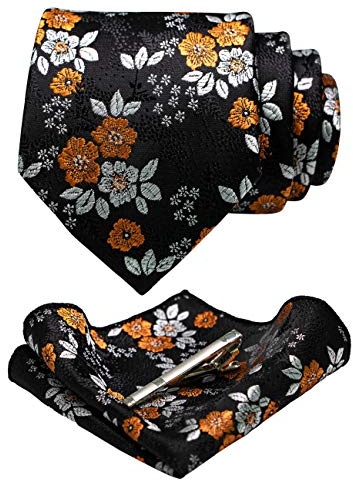 JEMYGINS Herren Blumen Krawatten und Einstecktuch Sets mit Krawattenklammer in verschiedenen Farben erhältlich,schwarz/gelb/weiß