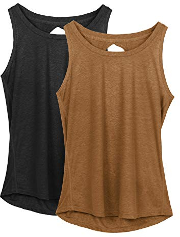icyzone Damen Sport Top Rückenfrei Fitness Yoga Tank Top Leichte Ärmellos Sommer Casual Shirts, 2er Pack (L, Schwarz/Braun)