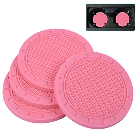 Car Coasters, Wisdompro 4 Pack PVC Car Cup Holder Insert Coaster - Anti Slip Universal Vehicle Interior Accessories Cup Mats for Women(2.75 Diameter, Pink)