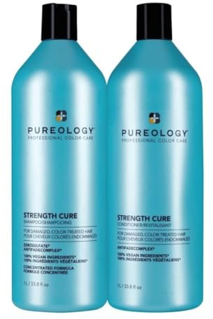 Pureology Strength Cure Strengthening Shampoo and Conditioner Duo Set, For Damaged, Colour Treated Hair, Vegan Formulas, Sulphate Free for a Gentle Cleanse
