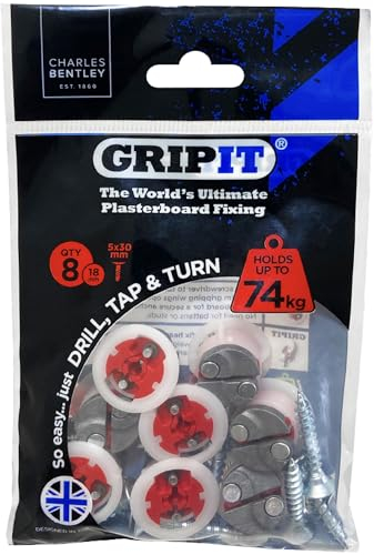 Gripit Gipskarton-Befestigungen, strapazierfähig, Gipskarton-Befestigungen für Trockenbau- und Bolzenwände, hält bis zu 74 kg, ideal für Regale, Duscheinheiten und Lautsprecher, einfache Installation,