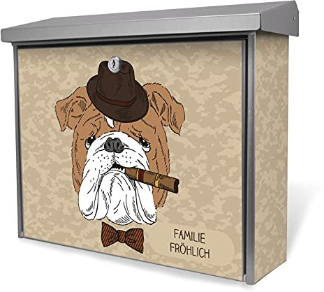 banjado® Burgwächter Briefkasten Edelstahl 38,5x31,5x12cm mit Motiv Big Daddy/Briefkasten Edelstahl ohne Zeitungsfach/Briefkasten grau/Postkasten inkl. Montagematerial & 2 Schlüsseln