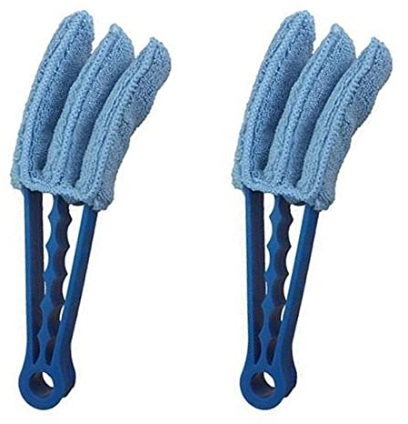 2Pcs Wet Dry Venetian Window Blind Cleaner Microfiber Brush 3 Pronged Washable Duster (Blue)