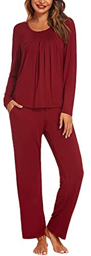 Ekouaer Pigiami Donna Cotone Manica Lunga Pigiama Invernale Due Pezzi Abbigliamento da Notte Tasche con Coulisse, Vino Rosso, M