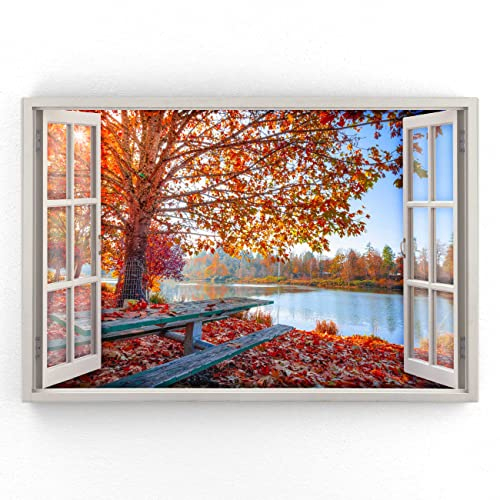 Estika - Leinwand Bilder Fensterblick - Wald, Herbst, See - 90x60 cm - 1 teilige Wandbilder, Bild auf Leinwand, Modern Deko für wohnzimmer schlafzimmer - Natur Landschafts bilder - 5973A_1L