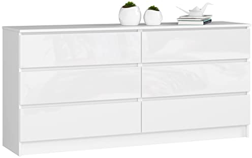 AKORD Kommode K-160 mit 6 (2 x 3) Schubladen | für das Wohnzimmer Schlafzimmer Schrank Büro Arbeitszimmer | Modernes Funktionales Design | B160 x H77 x T40 cm, Gewicht 70 kg | Weiß/Weiß Glänzend