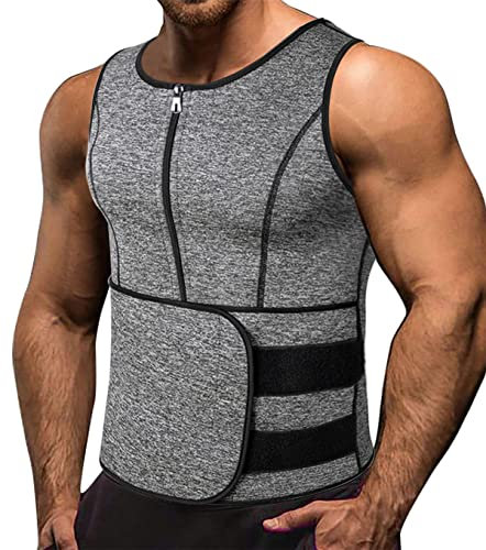 Memoryee Uomo Gilet Sudore Neoprene Camicia Allenamento Body Shaper Tuta Sauna Allenatore Sportivo Fitness Cerniera Canotta/Grey(Single Belt)/M