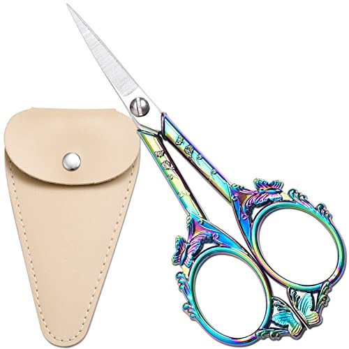 HITOPTY Embroidery Scissors, 4.7in Small Detail Shears Sharp Precision Craft Scissor for Sewing, Cross Stitch, Needlework, Thread Yarn Cutting - Rainbow Vintage Manual DIY Tools W/Apricot Sheath