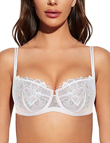 Deyllo Women’s Sexy Lace Bra 1/2 Balconette Underwire Unlined Demi Bralette See Through（White Gold,36B）