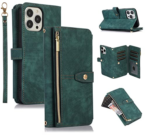 UEEBAI Hülle für iPhone 13 Pro, Leder Klapphülle, Retro Grün | 9 Kartenfäche Lederhülle mit Umhängegurt Handschlaufe Ständer Reißverschluss Handyhülle Magnetverschluss Wallet Flip Case