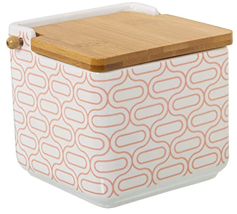 Salero original cerámica cuadrado con tapa madera12x12x12 cm (Blanco y rojo)