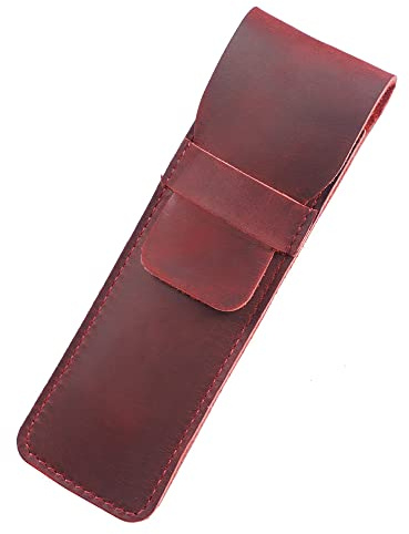 Stift- und Federmäppchen aus Leder mit Einstecklasche, Crazy Horse Stifthalter für Schreibwaren, Rot (S)