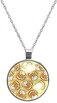 Round Silver Pendant Necklace for Women Girls, Beer Mugs Pattern Circle Coin Necklace Jewelry
