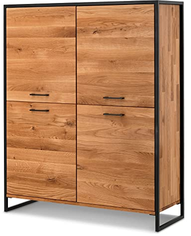 Lomadox Highboard Eiche massiv geölt, mit umlaufendem Metallrahmen, B/H/T: ca. 115/138/39 cm