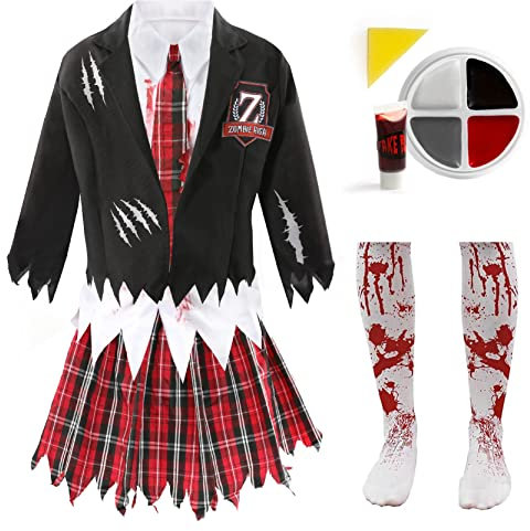Costume d'écolière zombie pour filles – Taille M – Uniforme scolaire noir et tartan avec bords en lambeaux, collants, faux sang et maquillage pour le visage – Costume d'Halloween pour enfants