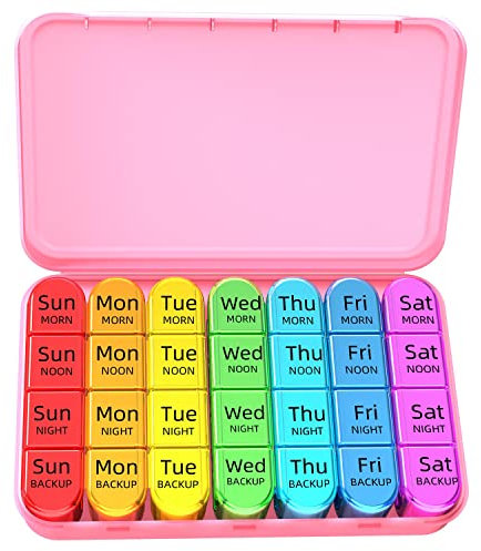Doruimi Weekly Pill Box Organiser, Small Pill Box 7 Day 4 Times A Day, Pill Organiser with 28 Copartments to Hold Plenty of Medication, Vitamins and Supplements - Pink Case