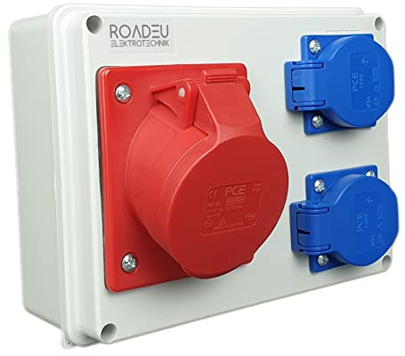 RoadEu Wandverteiler 32A 5P CEE Steckdose mit 2X Schuko 230V. Baustromverteiler 32A, PCE Steckdosen. Aufputz Verteilerkasten. Wandsteckdose Innen und Außen