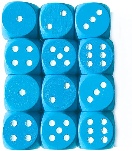Spieltz Bunte Würfel aus Holz für Brettspiele, 16 mm, produziert in Deutschland (12 Würfel, hellblau mit weißen Augen)