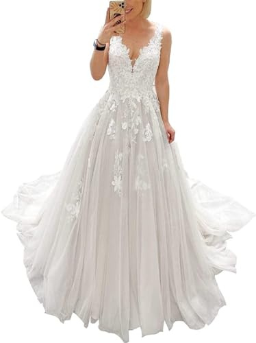 JAEDEN Brautkleider V-Ausschnitt Tüll Spitze Hochzeitskleider für Damen A-Linie Standesamt Kleid mit Schleppe Weiß 32