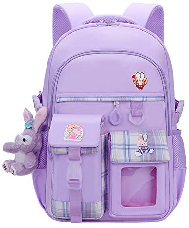 Myyunhx Rucksack für Mädchen Kawaii Grosse Kapazität Rucksack für Mädchenschule Süße Mädchenschule Tasche Mit Plüsch Cartoon Anhänger und dekorative Karte Für jugendliche Mädchen Schulranzen (Lila)