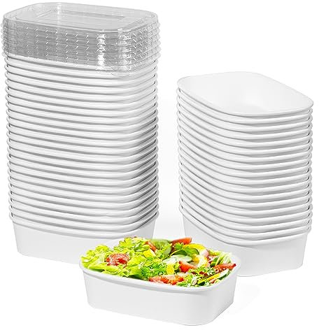 Giwrmu Lot de 50 saladiers jetables en papier avec couvercles transparents, 580 ml, grands saladiers carrés en papier avec couvercles utilisés pour salade, crème glacée, nouilles, barbecue (blanc)