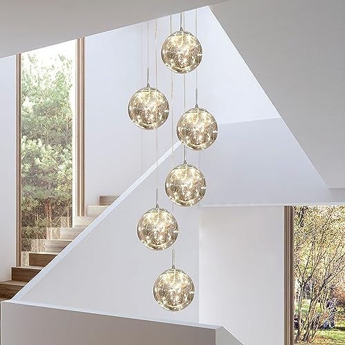 KAUCQI Led Pendelleuchte Treppenhaus Hängelampe 160CM 6 Glaskugel Wohnzimmer Hängeleuchte mit Verstellbarer Länge Kronleuchter Lamp Pendellampe für Dining Schlafzimmer