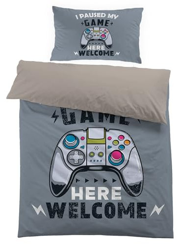 HOMHOMHA Gamer Bedding Set Single Gaming Duvet Cover Set for Kids Boys Youth Teens Gray Gamepad Bed Duvet Video Games Quilt Cover Modern Bedroom Decor, Single 135 x 200 cm