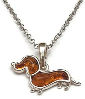 Kiara Jewellery 925 Sterling Silber Small Dachshund/Sausage Dog Pendant Necklace Inlaid With Brown Baltic Amber On Italian Sterling Silver 18 Chain, Sterling Silber