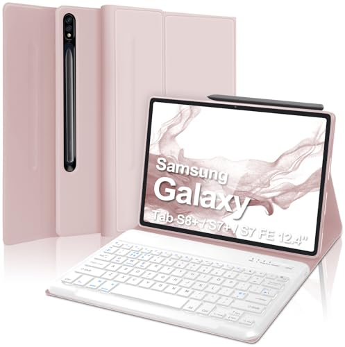 Samsung Galaxy Tab S7 FE/S7+/S8+ Schutzhülle Mit Tastatur, Kabellose Bluetooth-Tastaturabdeckung, Rosa