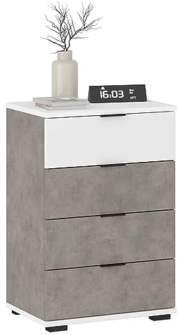 CARO-Möbel Nachttisch Piano Beton Optik/weiß, Nachtkommode für Boxspringbetten, Nachtschrank mit 4 Schubladen und Griffen aus Kunststoff, Korpus aus MDF/Spanplatte